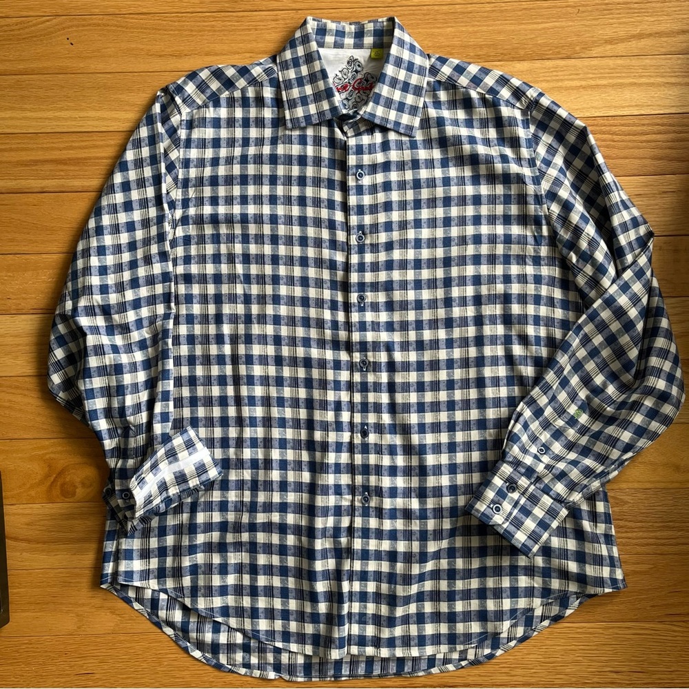Robert Graham Men’s Blue Gingham Pattern Embroidered Button Down Shirt EUC Sz XL